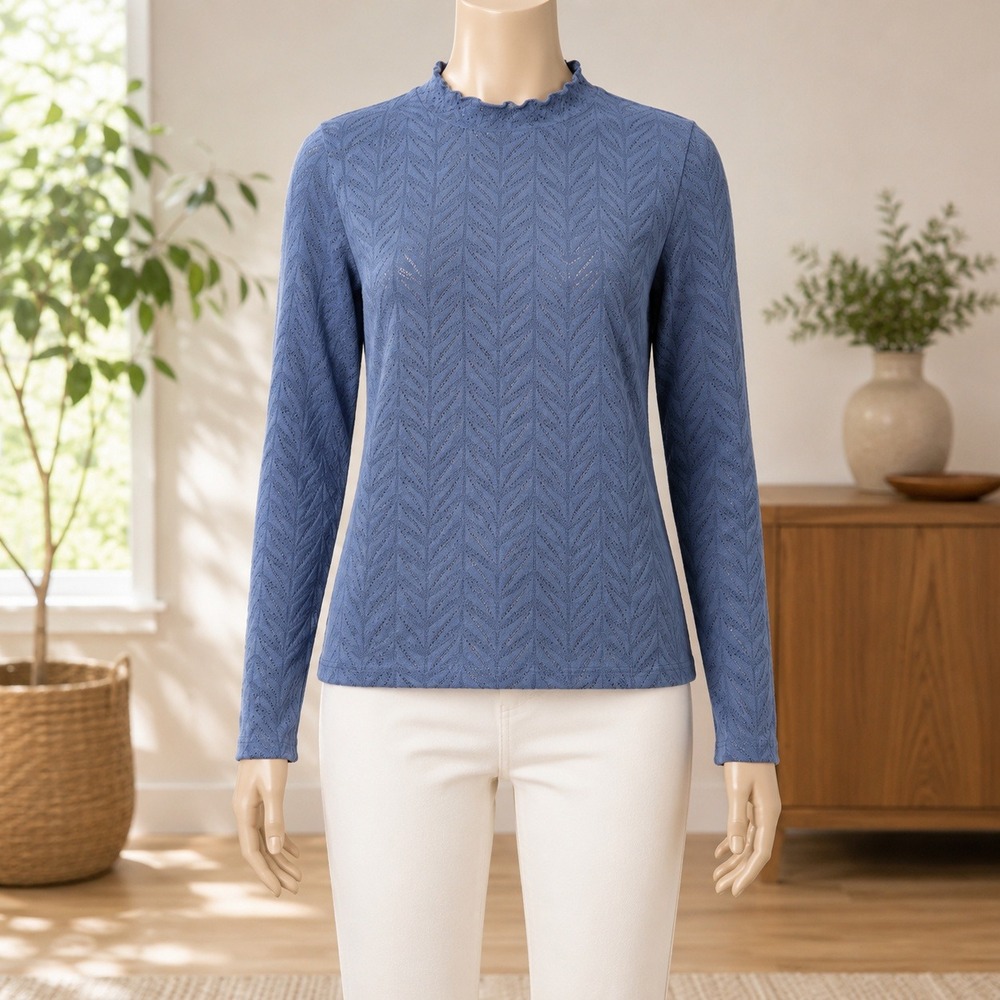 LOGO Layers Mock Neck Top Womens XL Blue Pointelle Chevron Ruffle Long Sleeve
